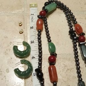 NWOT faux pearl and stone necklace with matching Avon jade color hoop earrings